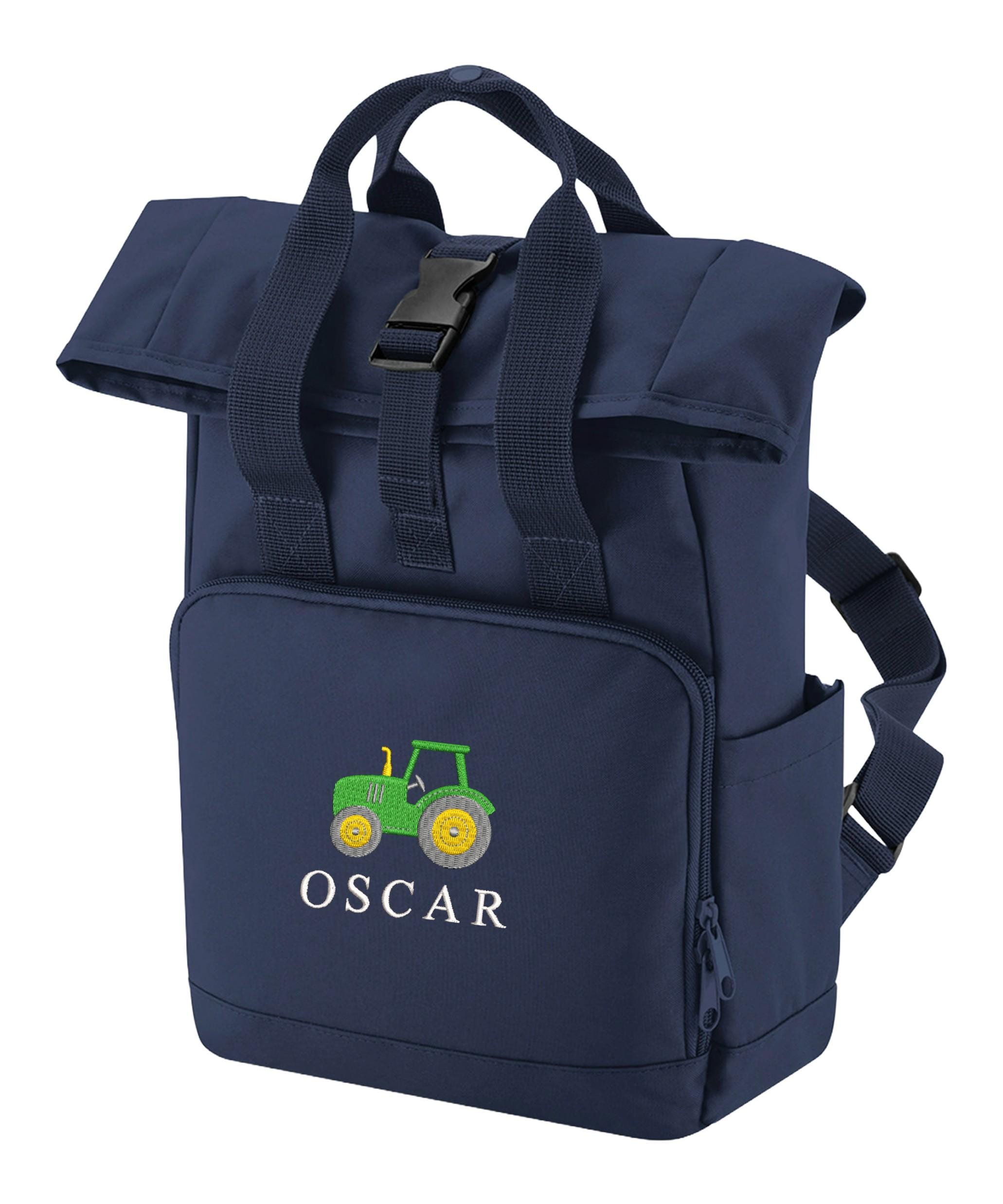Embroidered Kids Tractor Personalised Name Mini Roll Top Backpack Boys Custom School Rucksack Nursery Bag