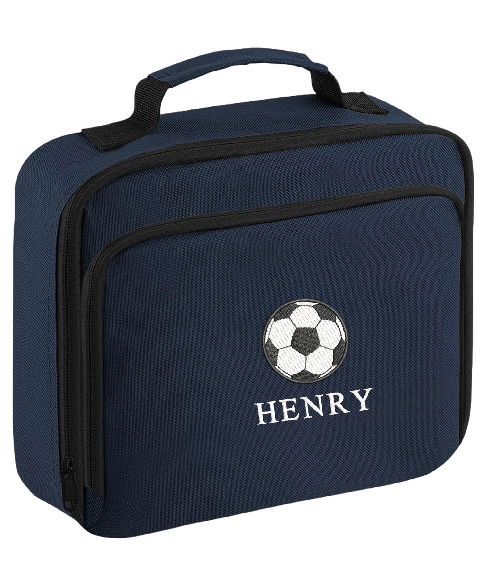 Embroidered Boys Personalised Football Name Lunch Cool Bag Box Custom Text School Nursery