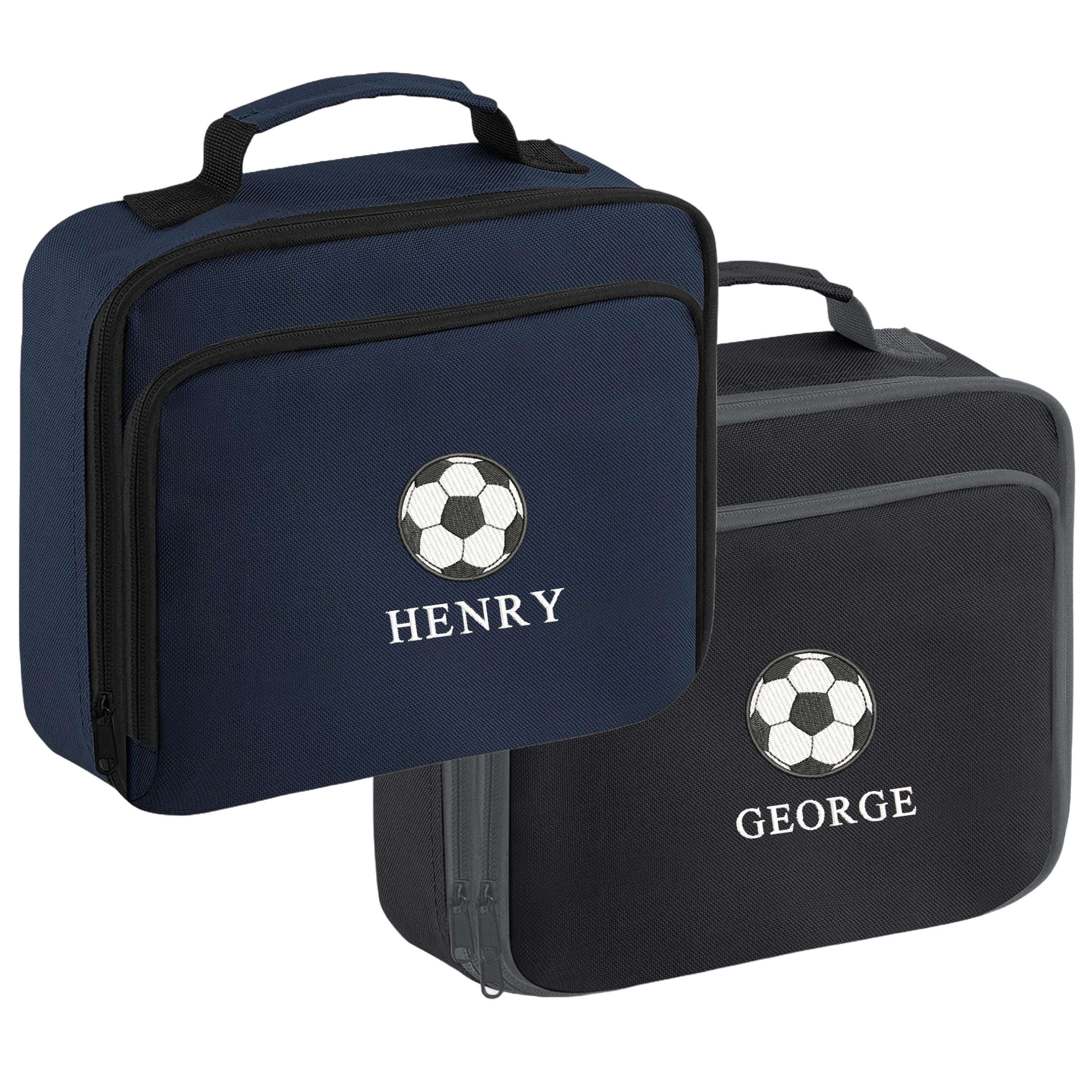 Embroidered Boys Personalised Football Name Lunch Cool Bag Box Custom Text School Nursery