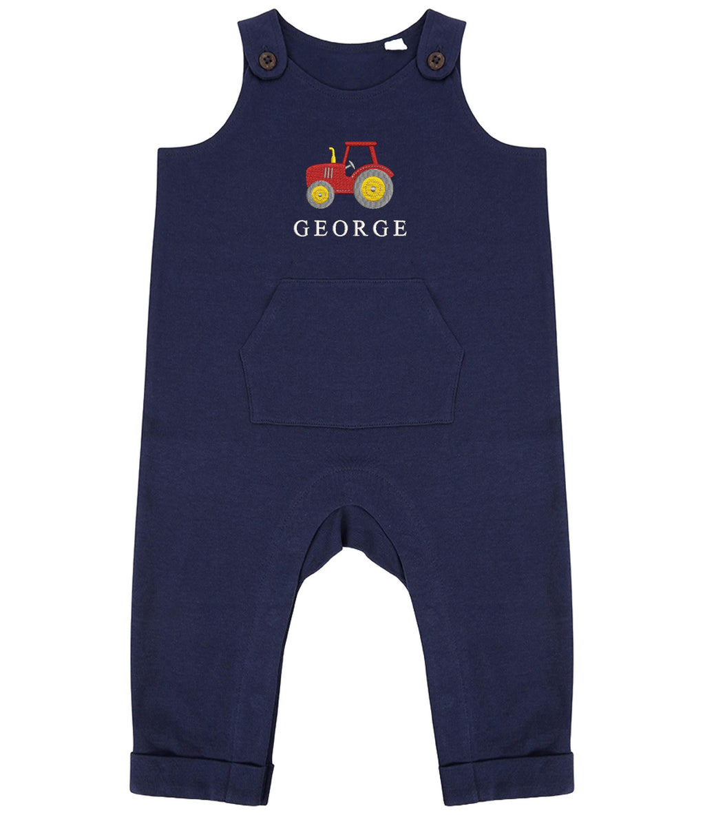 Embroidered Personalised Name Baby & Toddler Organic Cotton Dungarees Custom Text Farm Tractor Boys Gift