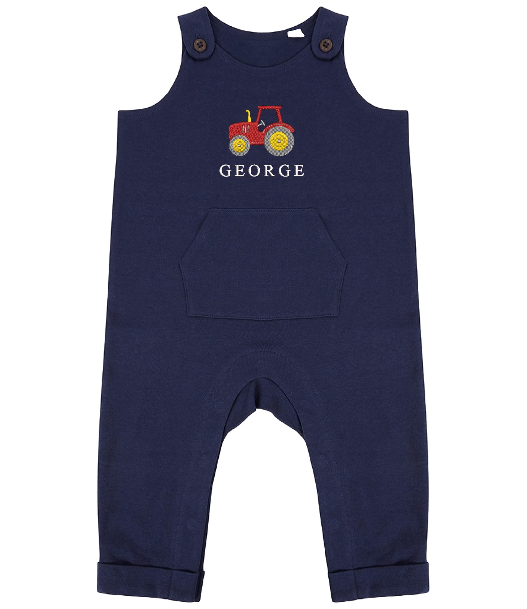 Embroidered Personalised Name Baby & Toddler Organic Cotton Dungarees Custom Text Farm Tractor Boys Gift