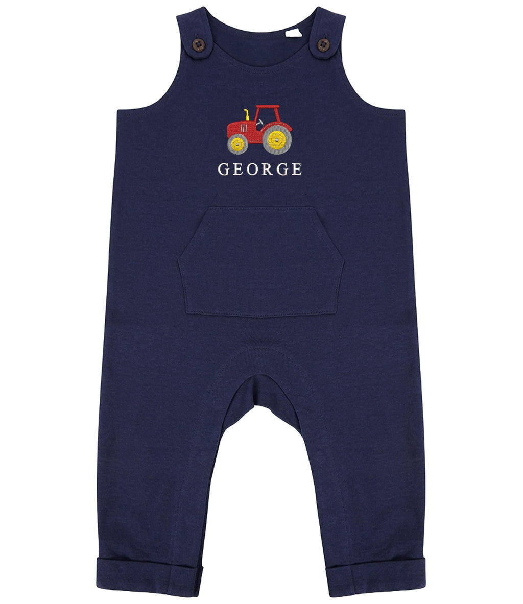 Embroidered Personalised Name Baby & Toddler Organic Cotton Dungarees Custom Text Farm Tractor Boys Gift