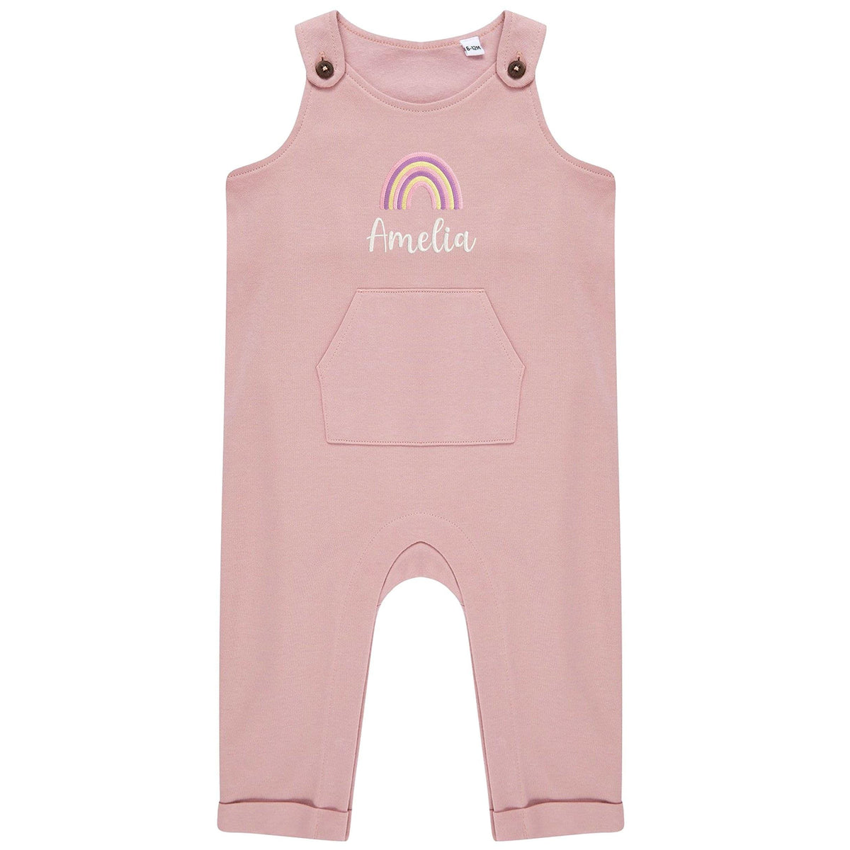 Embroidered Girls Personalised Pink Rainbow Name Baby & Toddler Organic Cotton Dungarees Custom Text Gift