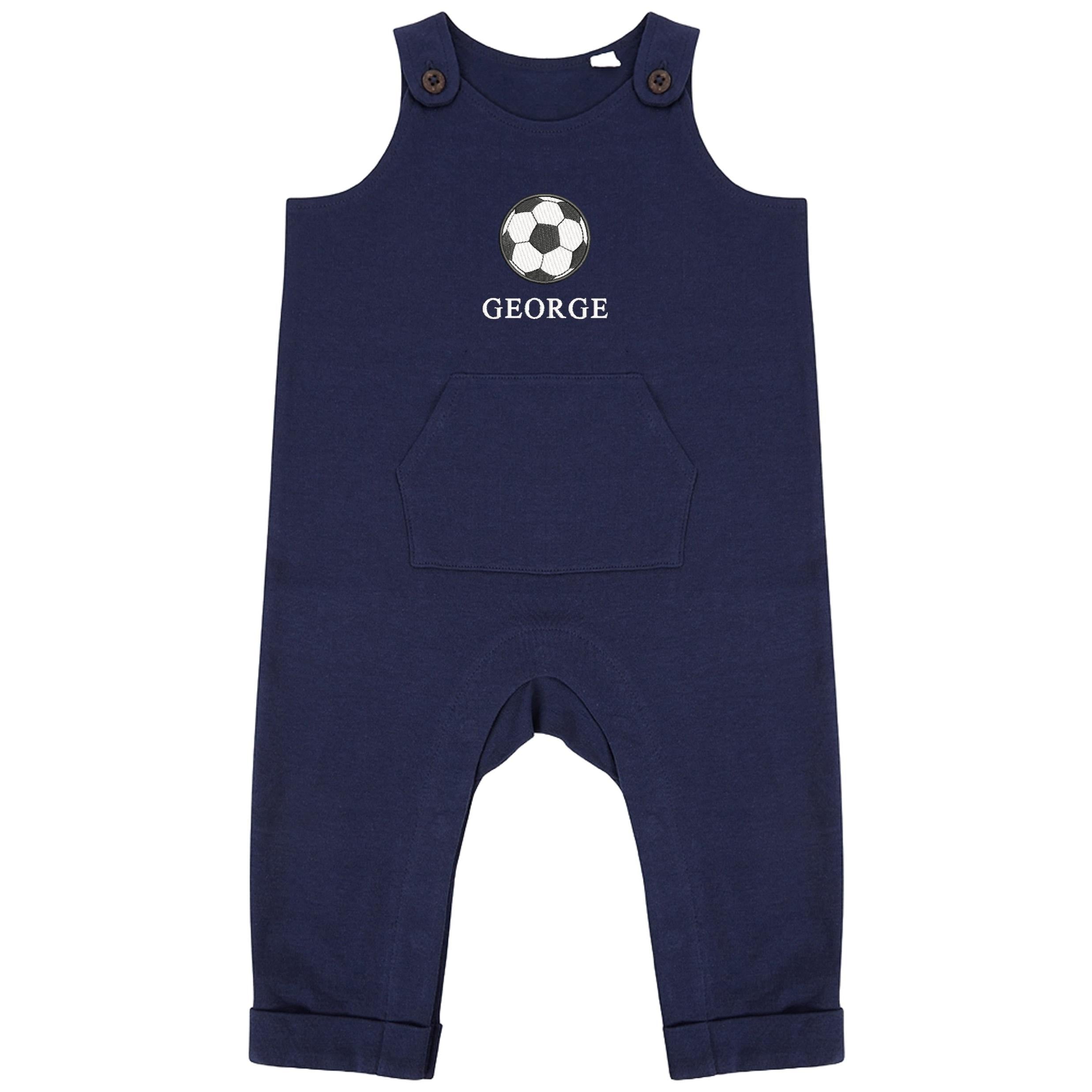 Embroidered Personalised Name Baby & Toddler Organic Cotton Dungarees Custom Text Football Boys Gift