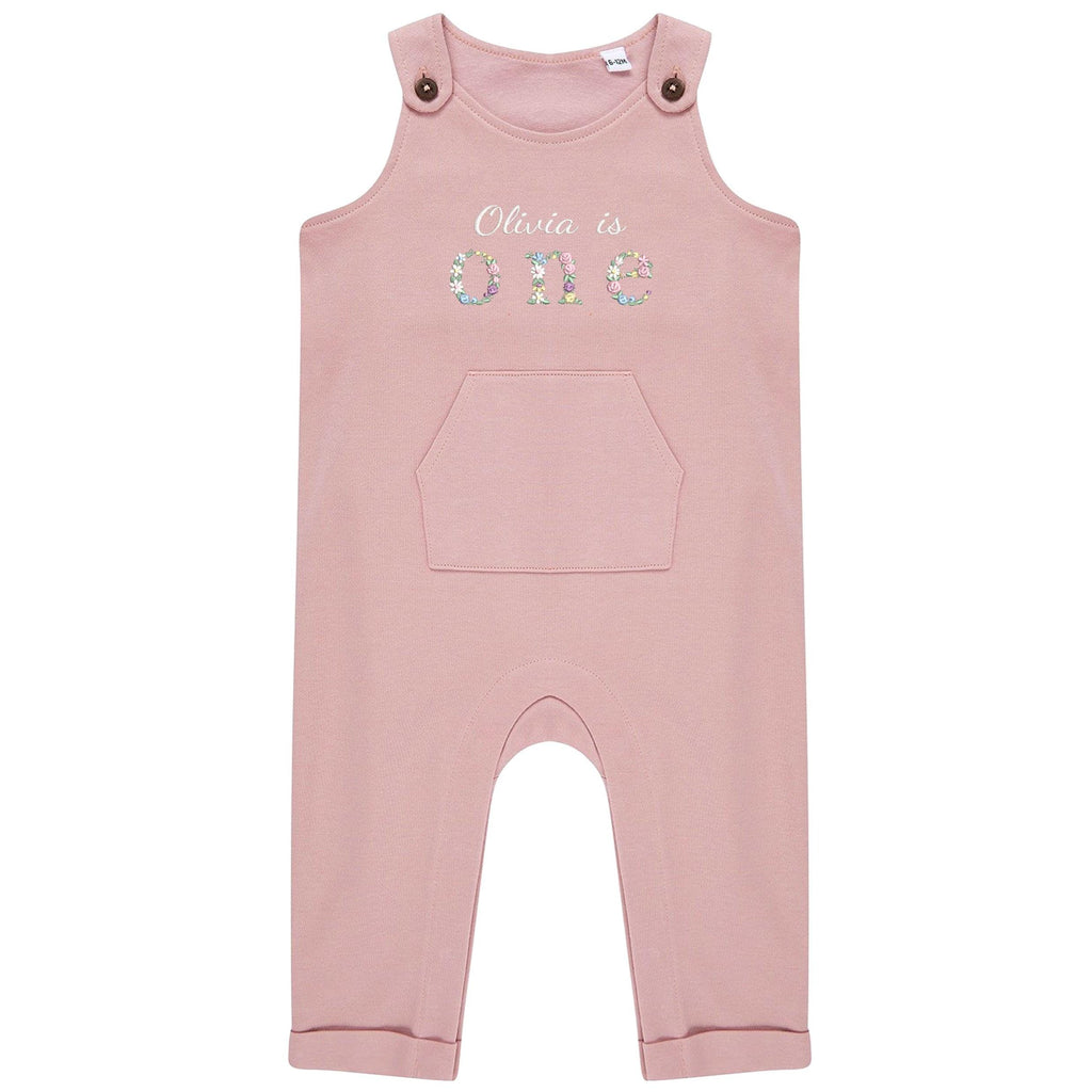 Embroidered Girls Personalised Name Is One Floral Organic Cotton Dungarees Baby & Toddler Pink 1st Birthday Party Outfit Gift