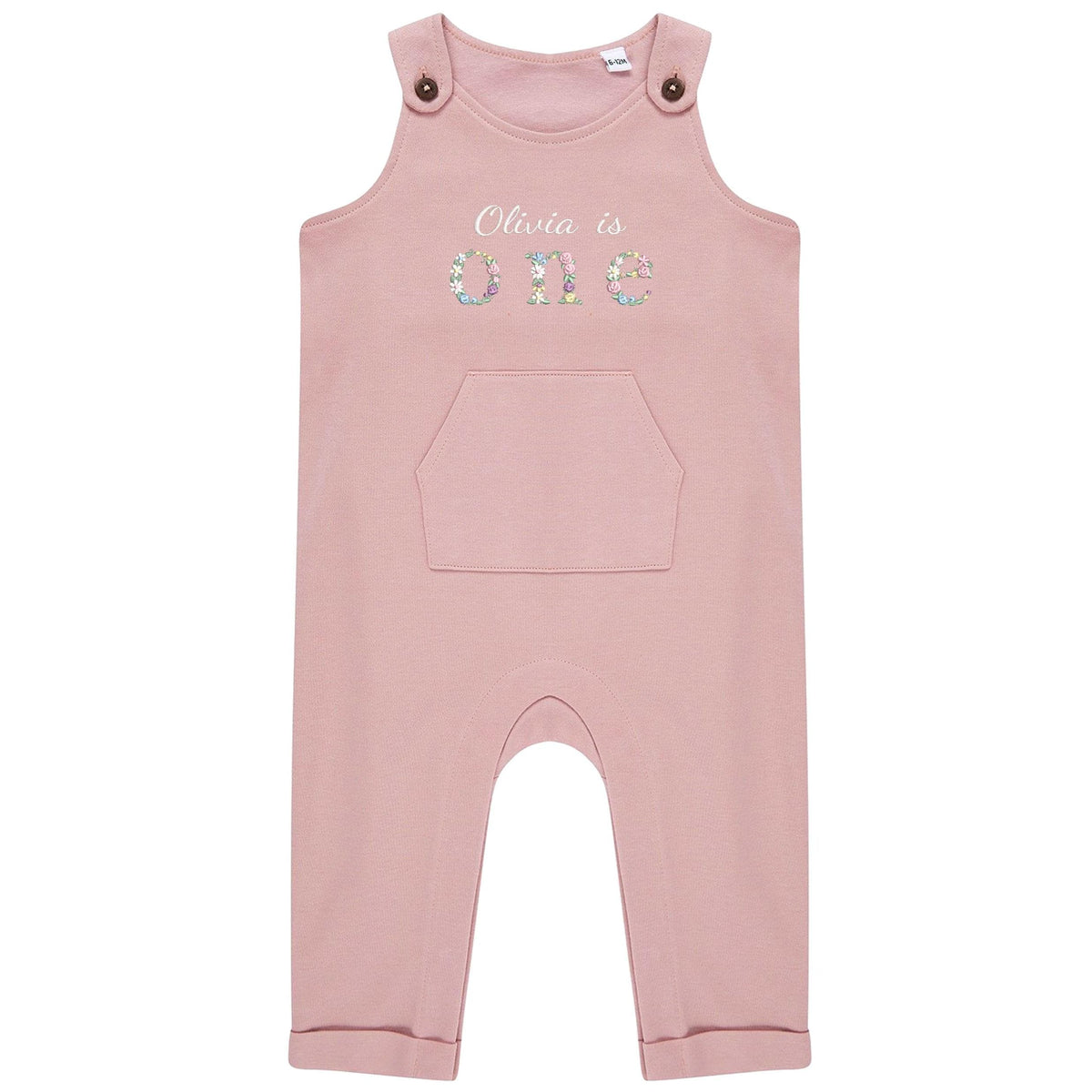Embroidered Girls Personalised Name Is One Floral Organic Cotton Dungarees Baby & Toddler Pink 1st Birthday Party Outfit Gift