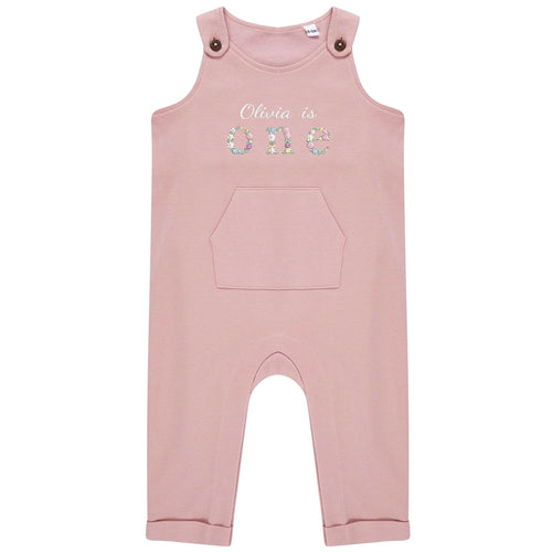 Embroidered Girls Personalised Name Is One Floral Organic Cotton Dungarees Baby & Toddler Pink 1st Birthday Party Outfit Gift