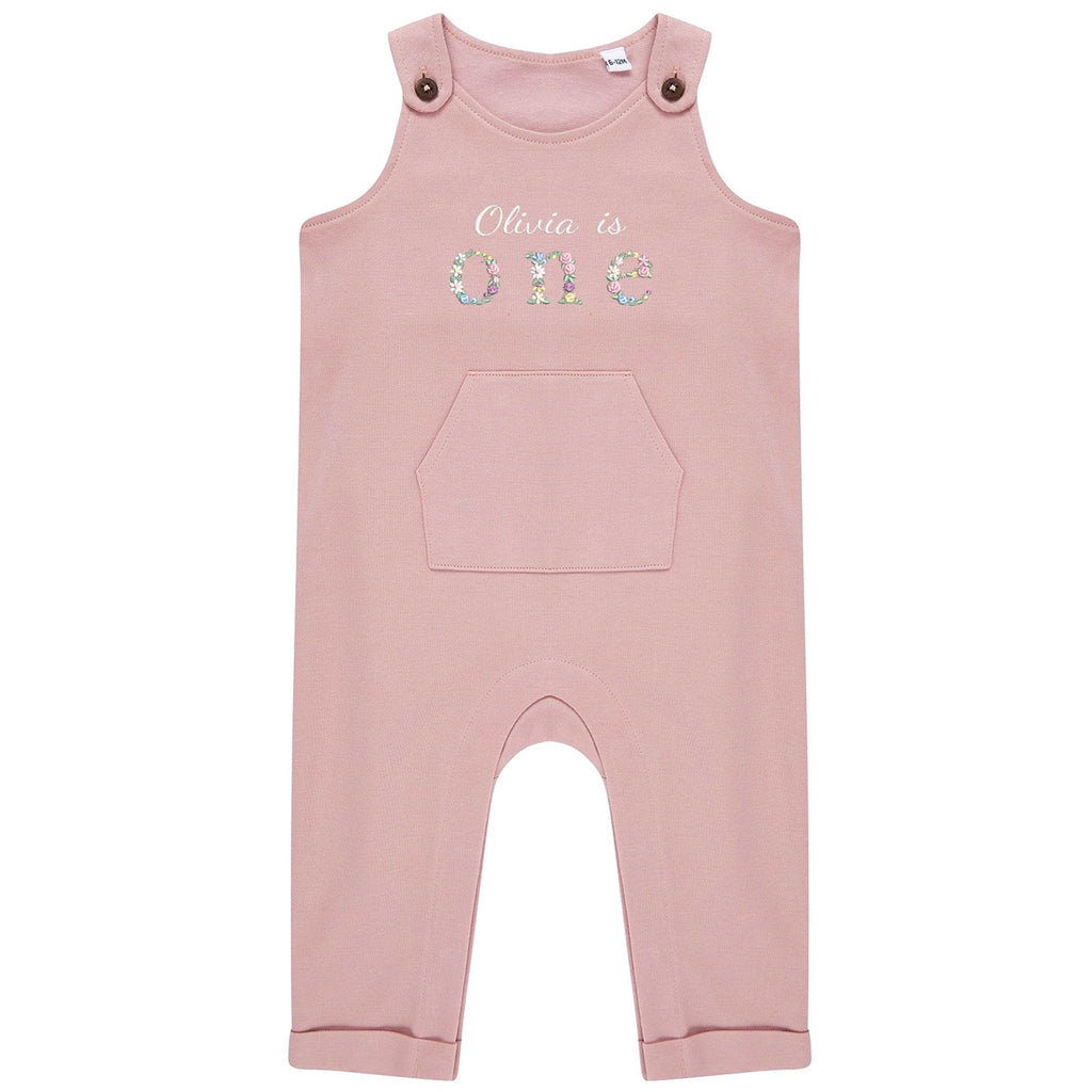 Embroidered Girls Personalised Name Is One Floral Organic Cotton Dungarees Baby & Toddler Pink 1st Birthday Party Outfit Gift