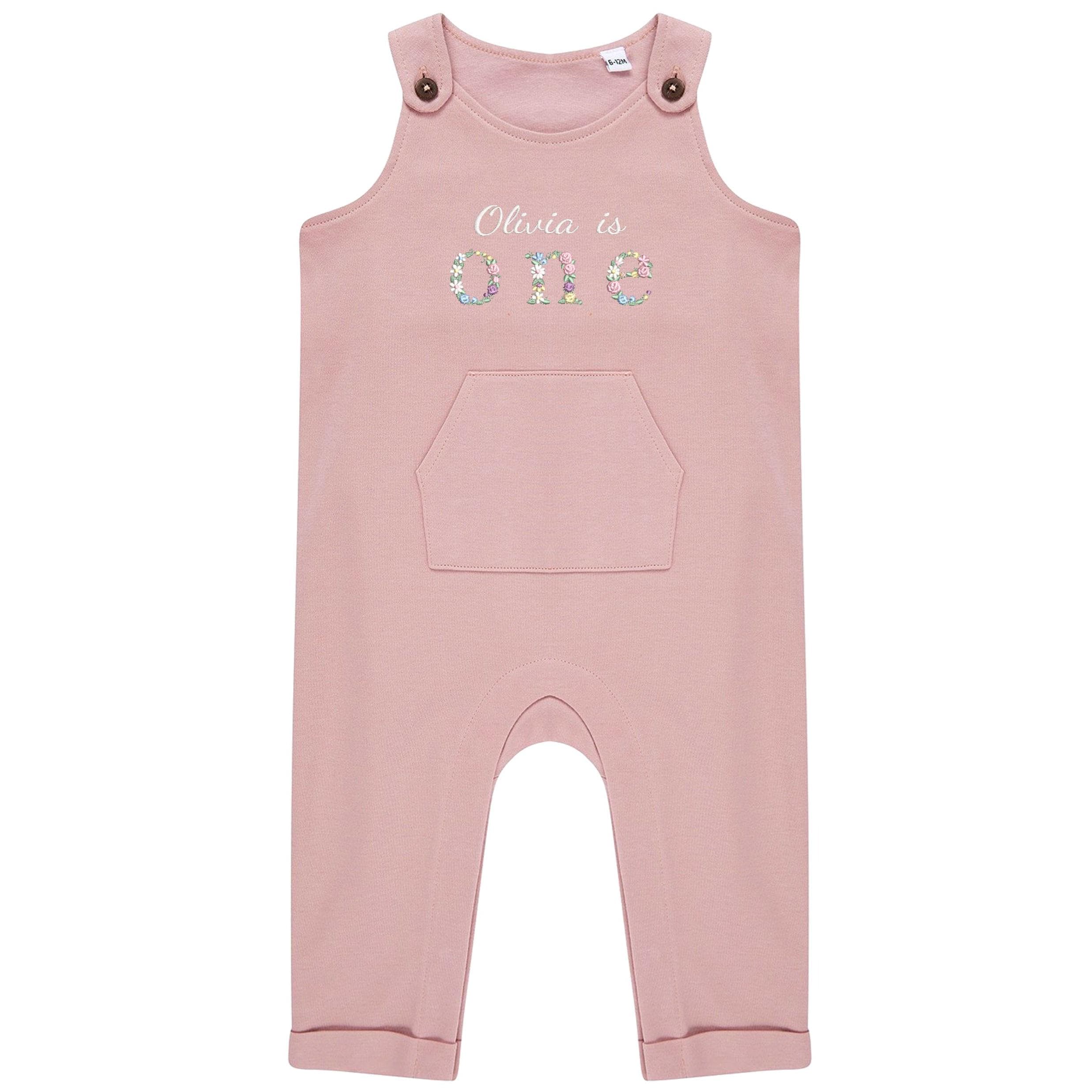 Embroidered Girls Personalised Name Is One Floral Organic Cotton Dungarees Baby & Toddler Pink 1st Birthday Party Outfit Gift