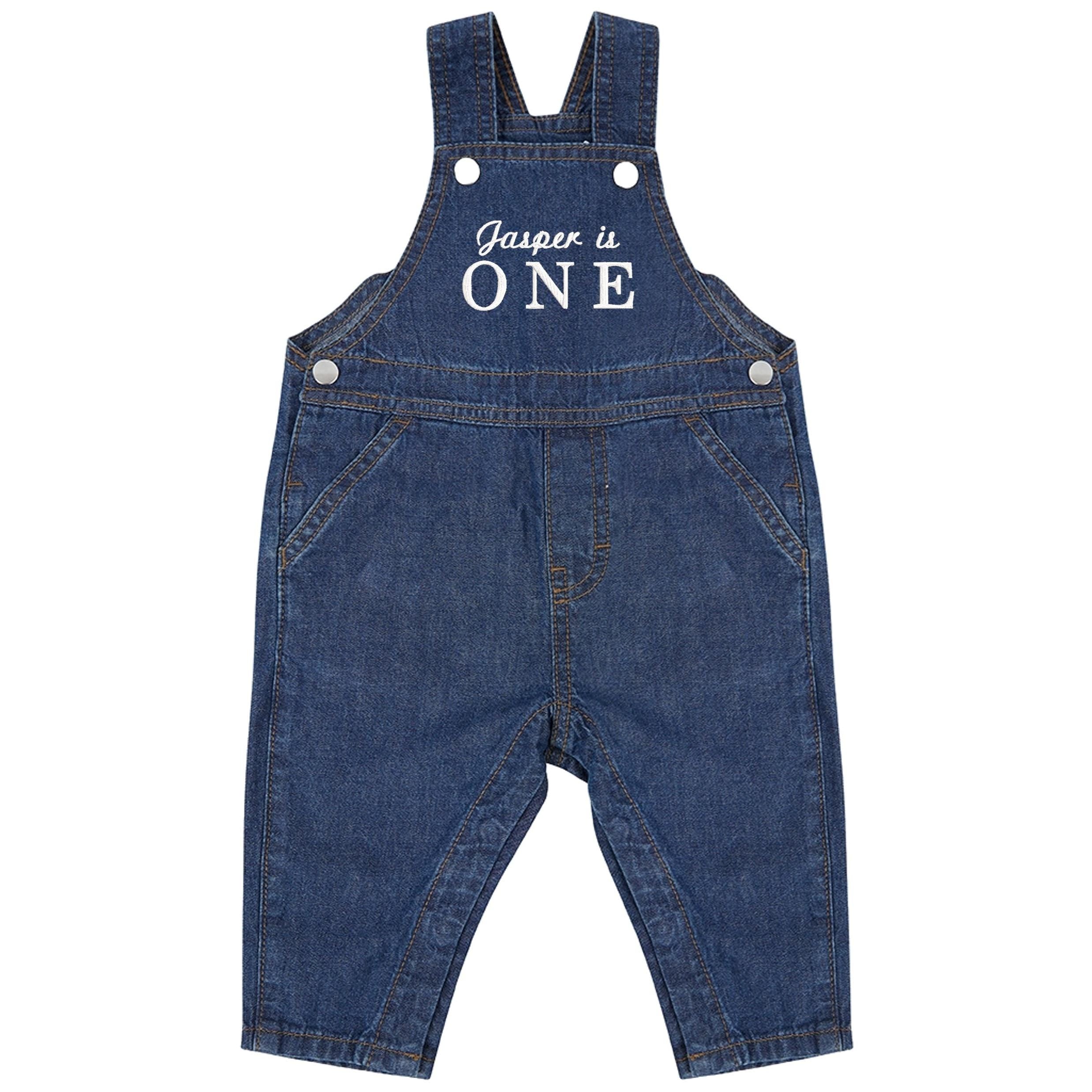 Embroidered Personalised Name Is One Cotton Denim Dungarees Baby & Toddler Girls Boys 1st Birthday Party Outfit Gift