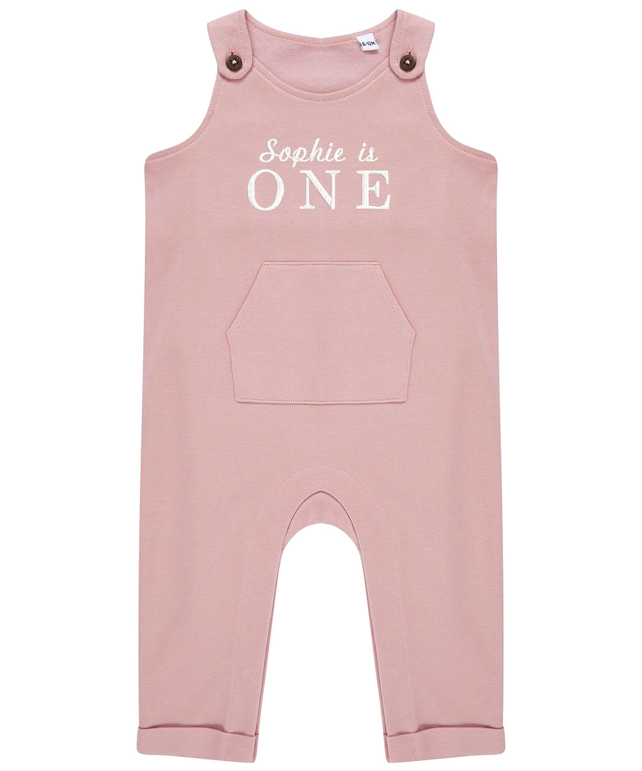 Embroidered Personalised Name Is One Organic Cotton Dungarees Baby & Toddler Girls Boys 1st Birthday Party Outfit Gift
