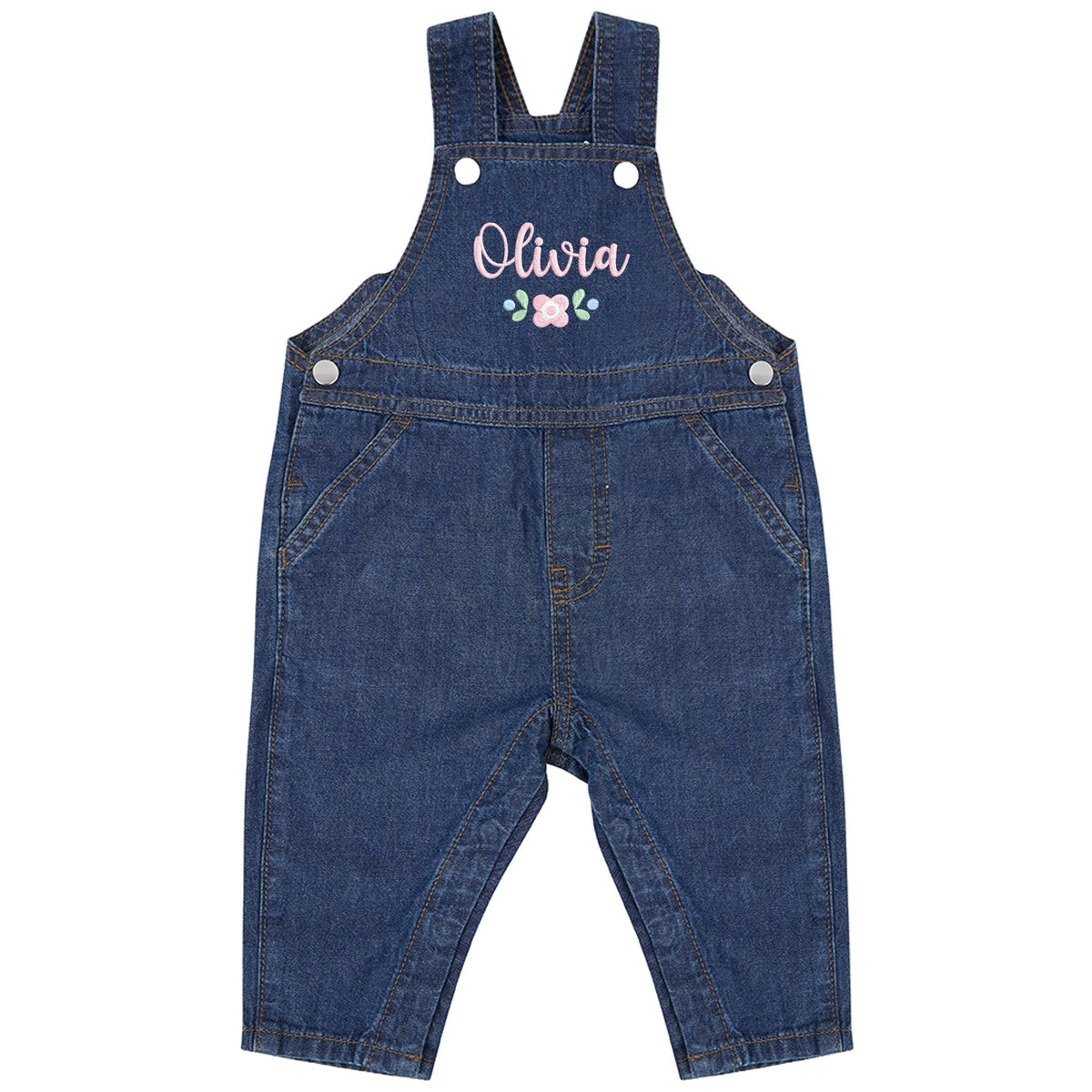 Embroidered Girls Personalised Pink Floral Name Baby & Toddler Cotton Denim Dungarees Custom Text Gift