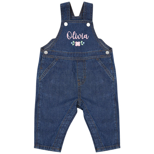 Embroidered Girls Personalised Pink Floral Name Baby & Toddler Cotton Denim Dungarees Custom Text Gift