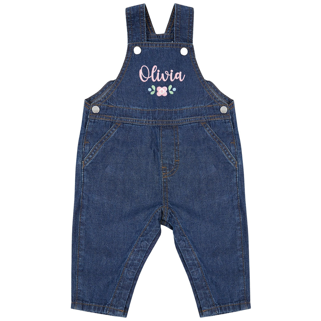Embroidered Girls Personalised Pink Floral Name Baby & Toddler Cotton Denim Dungarees Custom Text Gift