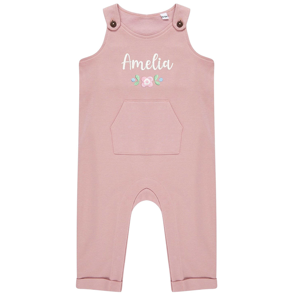 Embroidered Girls Personalised Pink Floral Name Baby & Toddler Organic Cotton Dungarees Custom Text Gift