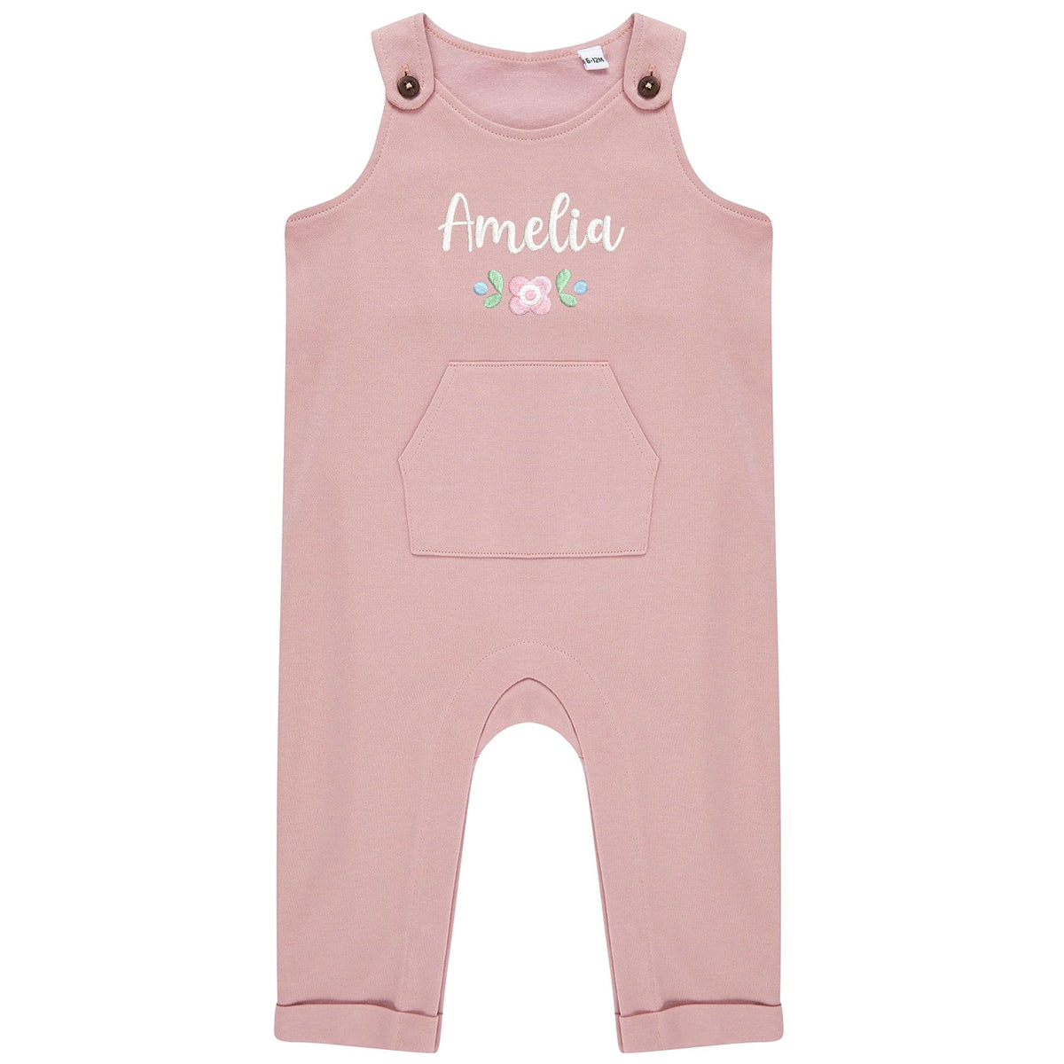 Embroidered Girls Personalised Pink Floral Name Baby & Toddler Organic Cotton Dungarees Custom Text Gift