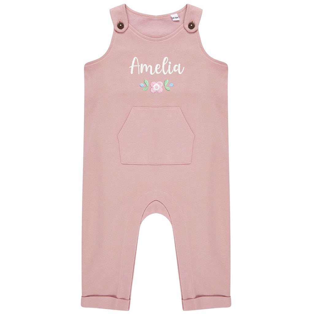 Embroidered Girls Personalised Pink Floral Name Baby & Toddler Organic Cotton Dungarees Custom Text Gift