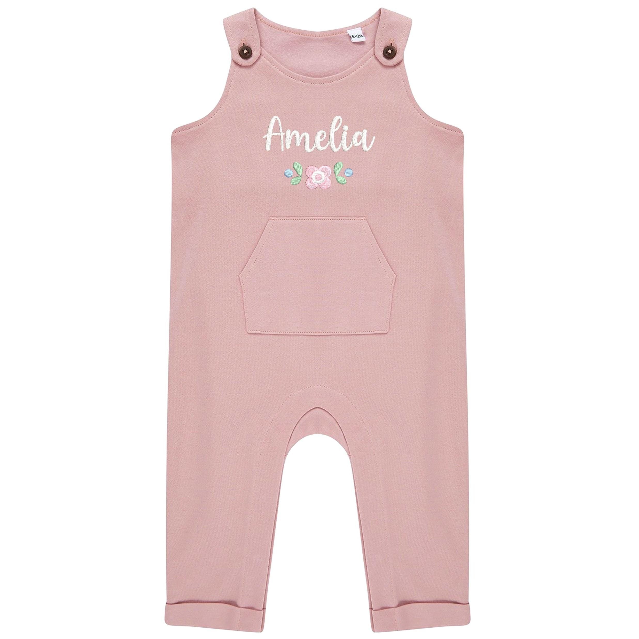 Embroidered Girls Personalised Pink Floral Name Baby & Toddler Organic Cotton Dungarees Custom Text Gift