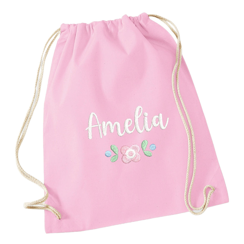 Embroidered Girls Personalised Pink Floral Name Cotton Gymsac Custom Text School PE Bag Nursery Bag