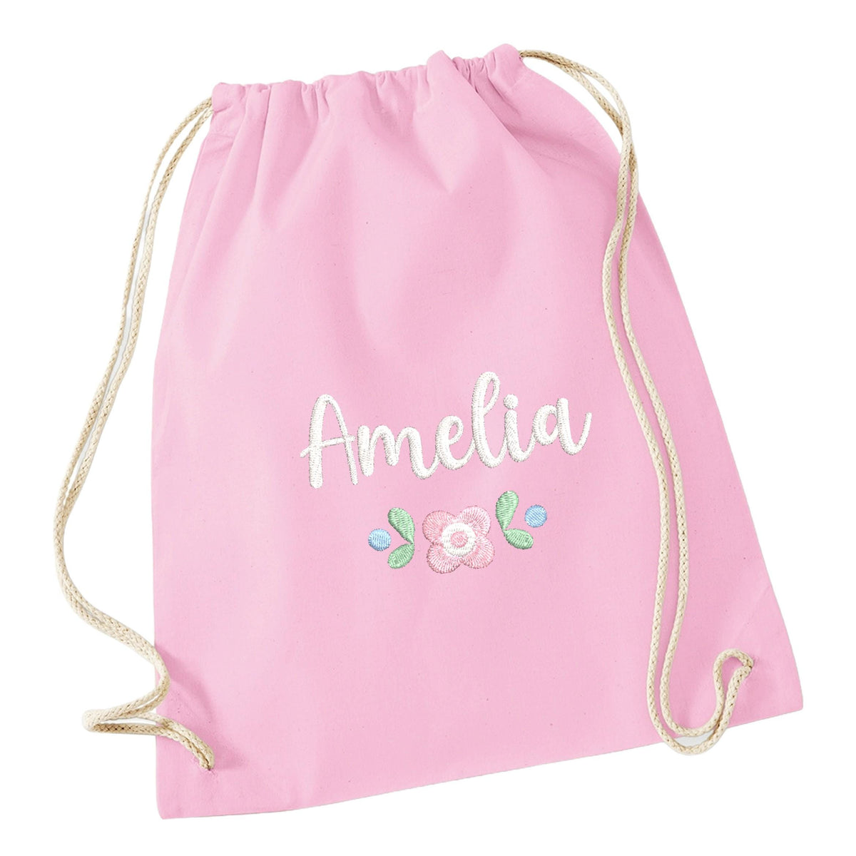 Embroidered Girls Personalised Pink Floral Name Cotton Gymsac Custom Text School PE Bag Nursery Bag