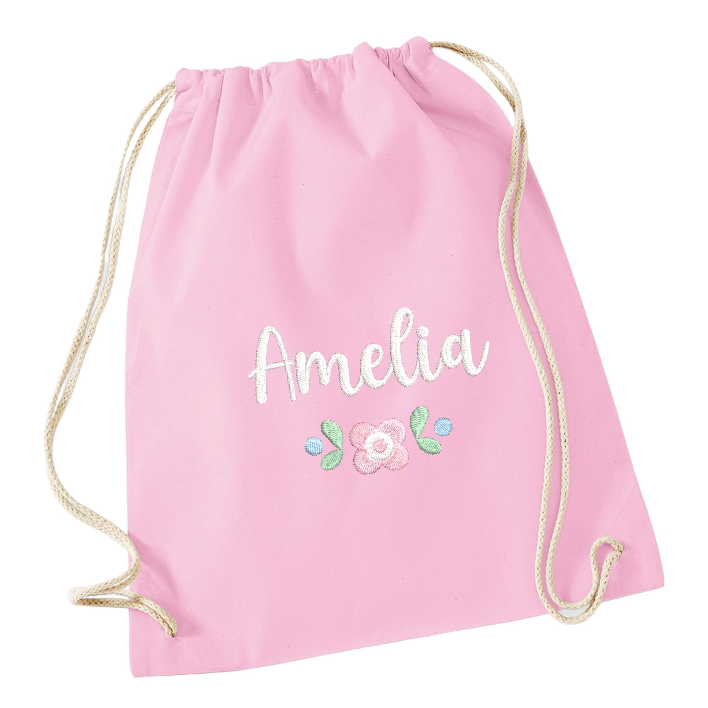 Embroidered Girls Personalised Pink Floral Name Cotton Gymsac Custom Text School PE Bag Nursery Bag