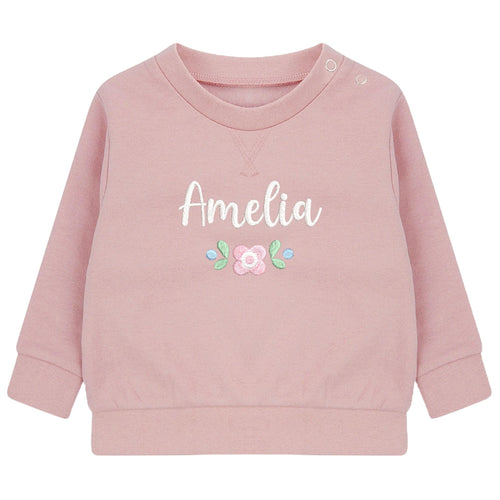 Embroidered Girls Personalised Floral Name Baby and Toddler Pink Sustainable Sweatshirts
