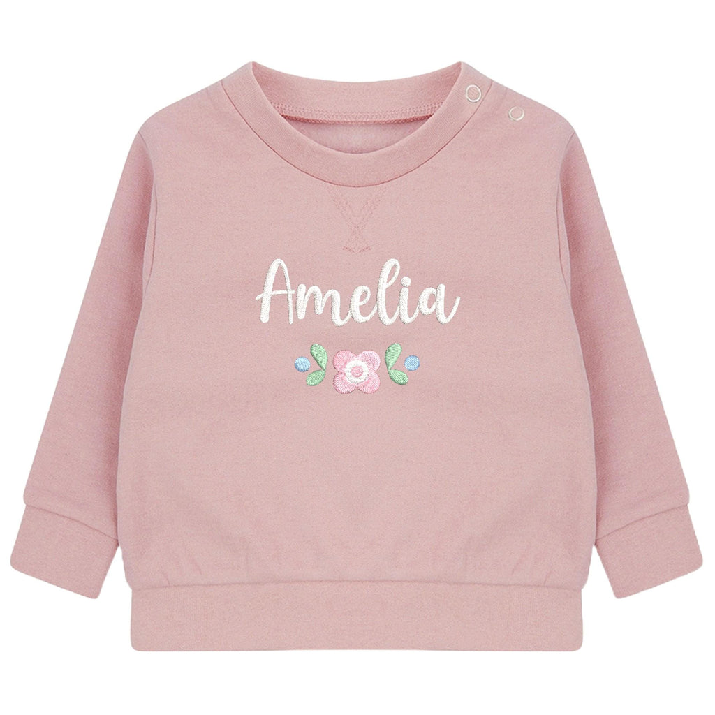 Embroidered Girls Personalised Floral Name Baby and Toddler Pink Sustainable Sweatshirts