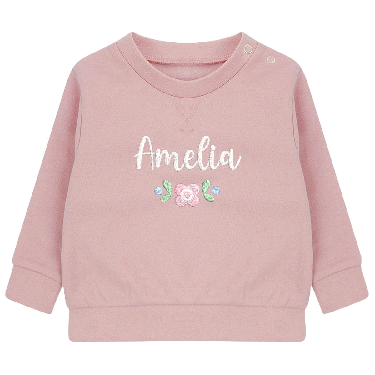 Embroidered Girls Personalised Floral Name Baby and Toddler Pink Sustainable Sweatshirts