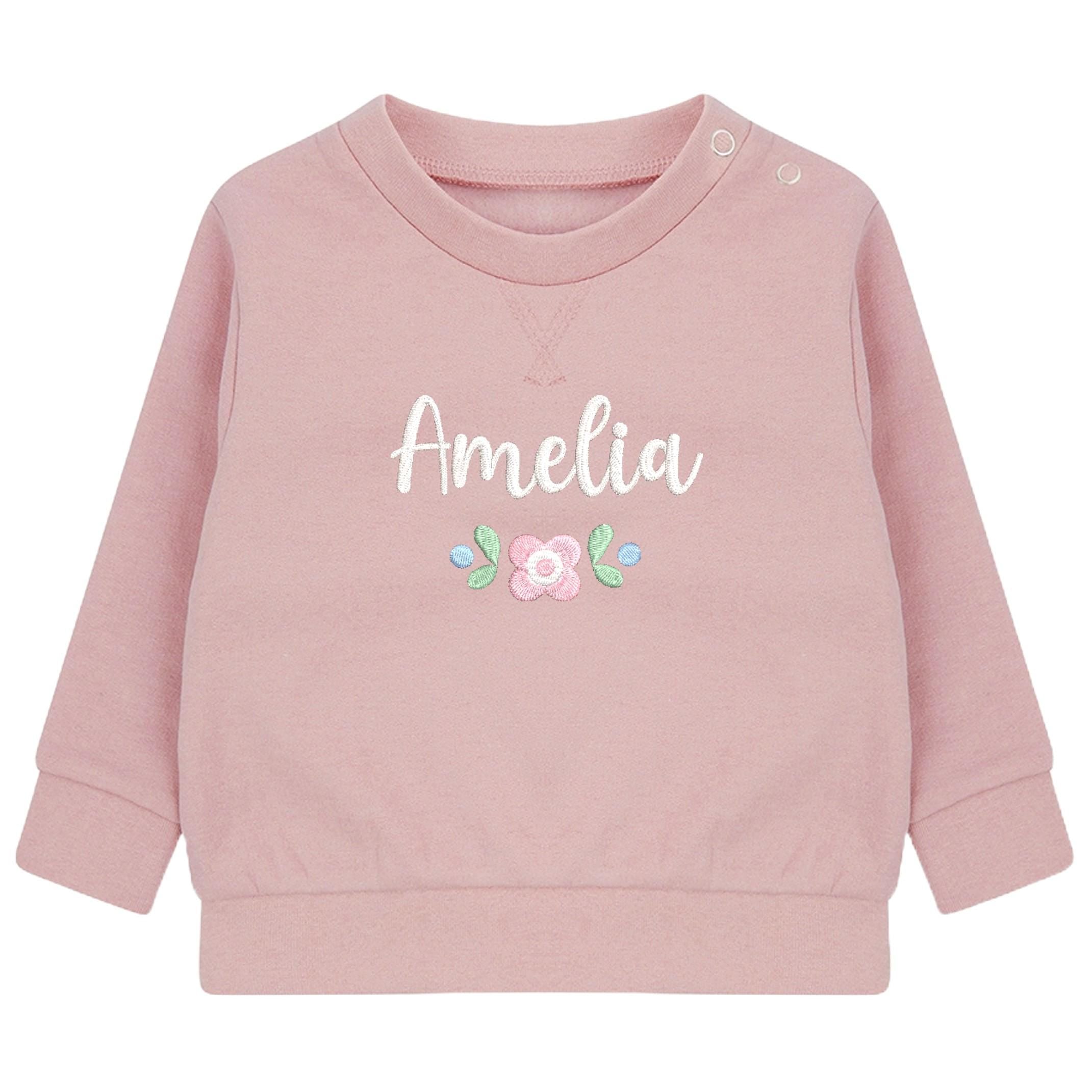 Embroidered Girls Personalised Floral Name Baby and Toddler Pink Sustainable Sweatshirts