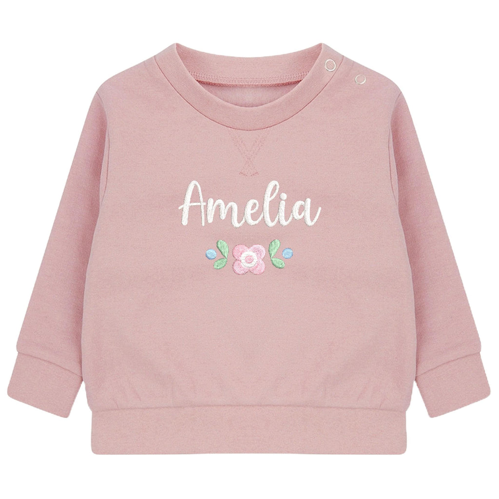 Embroidered Girls Personalised Floral Name Baby and Toddler Pink Sustainable Sweatshirts