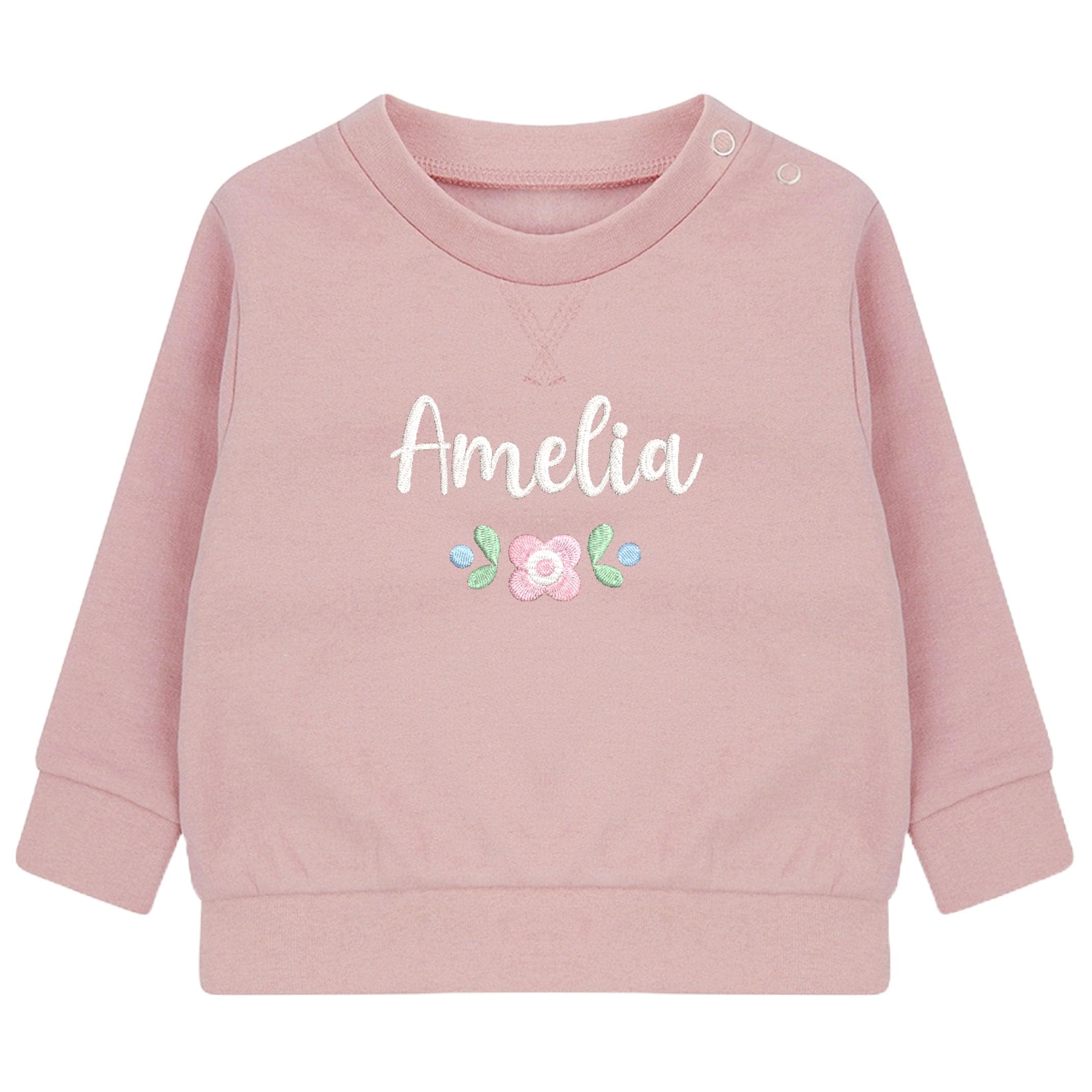 Embroidered Girls Personalised Floral Name Baby and Toddler Pink Sustainable Sweatshirts