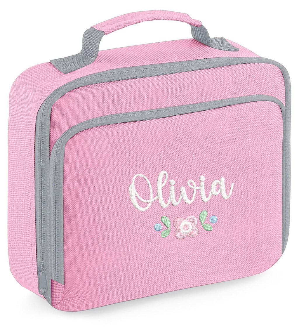 Embroidered Girls Personalised Pink Floral Name Lunch Cool Bag Box Custom Text School Nursery