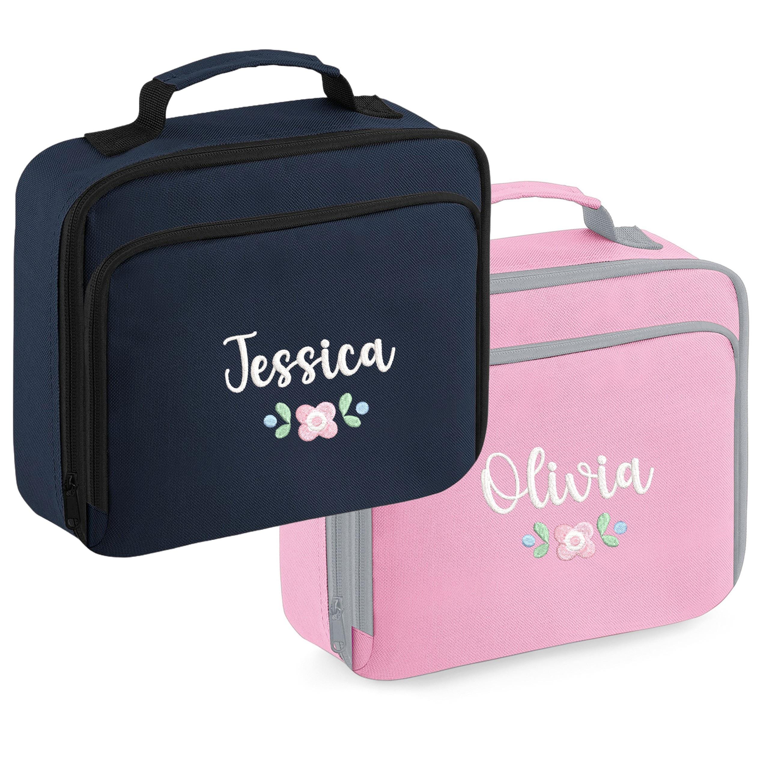 Embroidered Girls Personalised Pink Floral Name Lunch Cool Bag Box Custom Text School Nursery