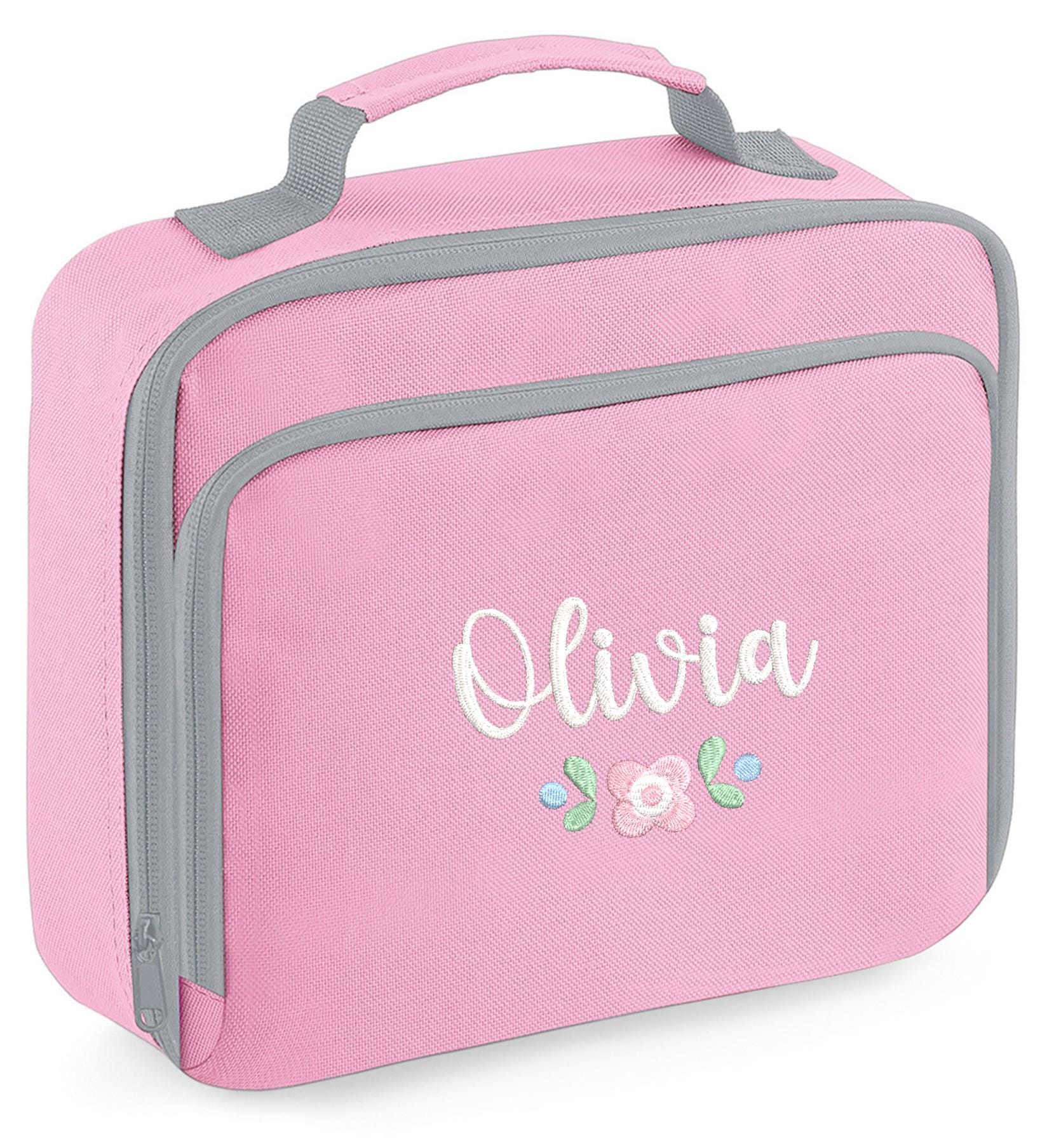 Embroidered Girls Personalised Pink Floral Name Lunch Cool Bag Box Custom Text School Nursery