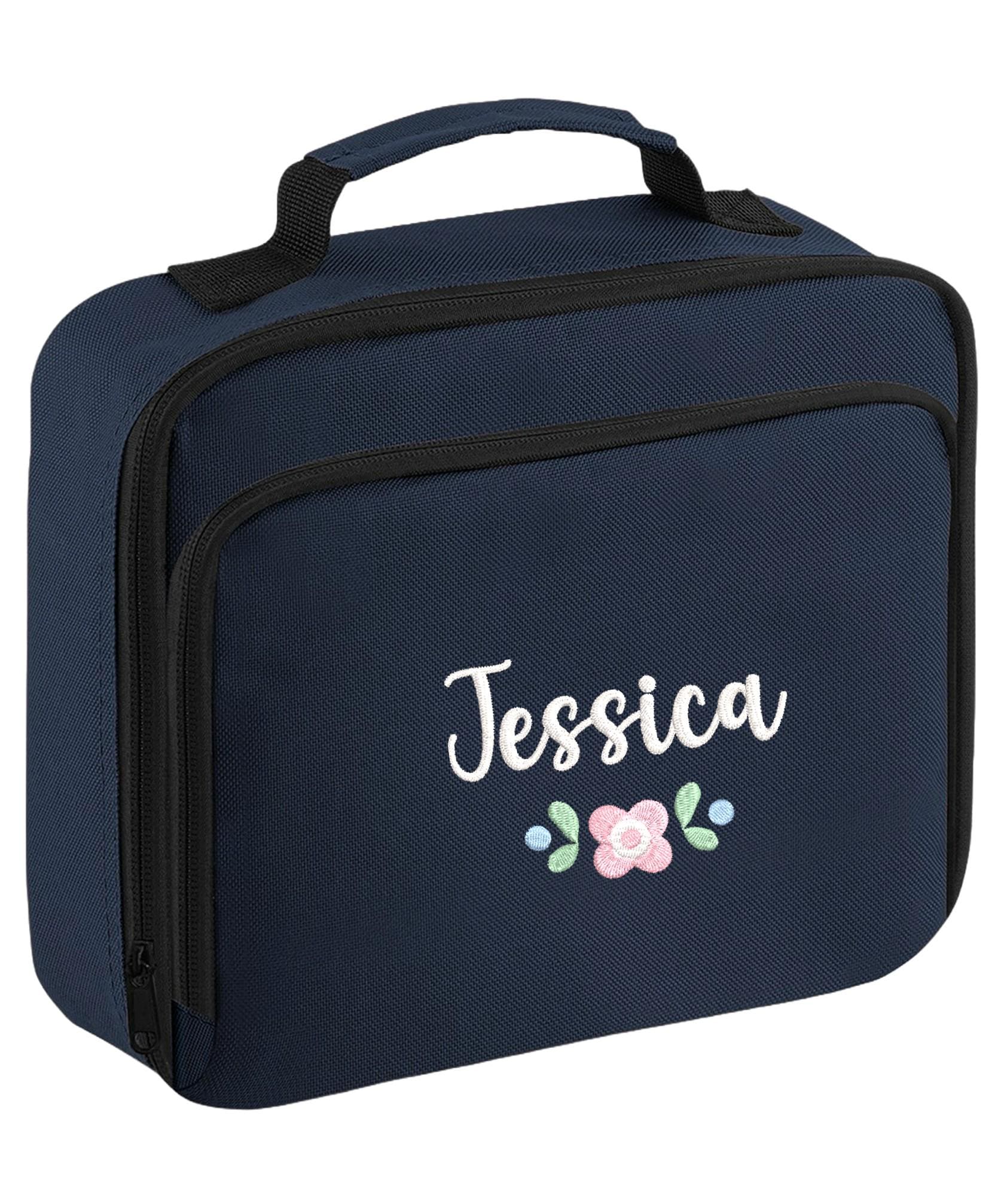 Embroidered Girls Personalised Pink Floral Name Lunch Cool Bag Box Custom Text School Nursery