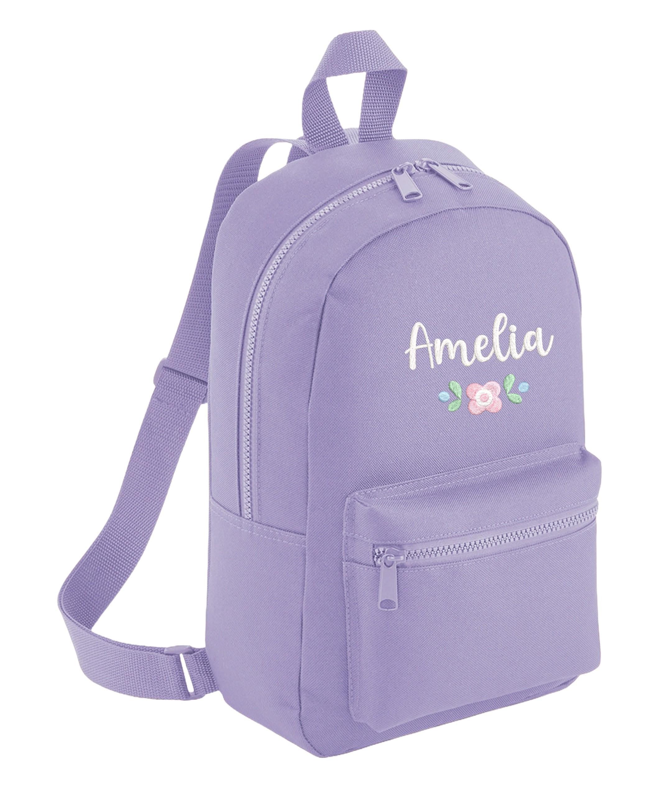 Embroidered Girls Personalised Pink Floral Name Mini Backpack Custom Text School Rucksack Nursery Bag