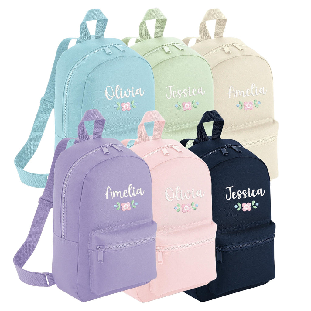 Embroidered Girls Personalised Pink Floral Name Mini Backpack Custom Text School Rucksack Nursery Bag