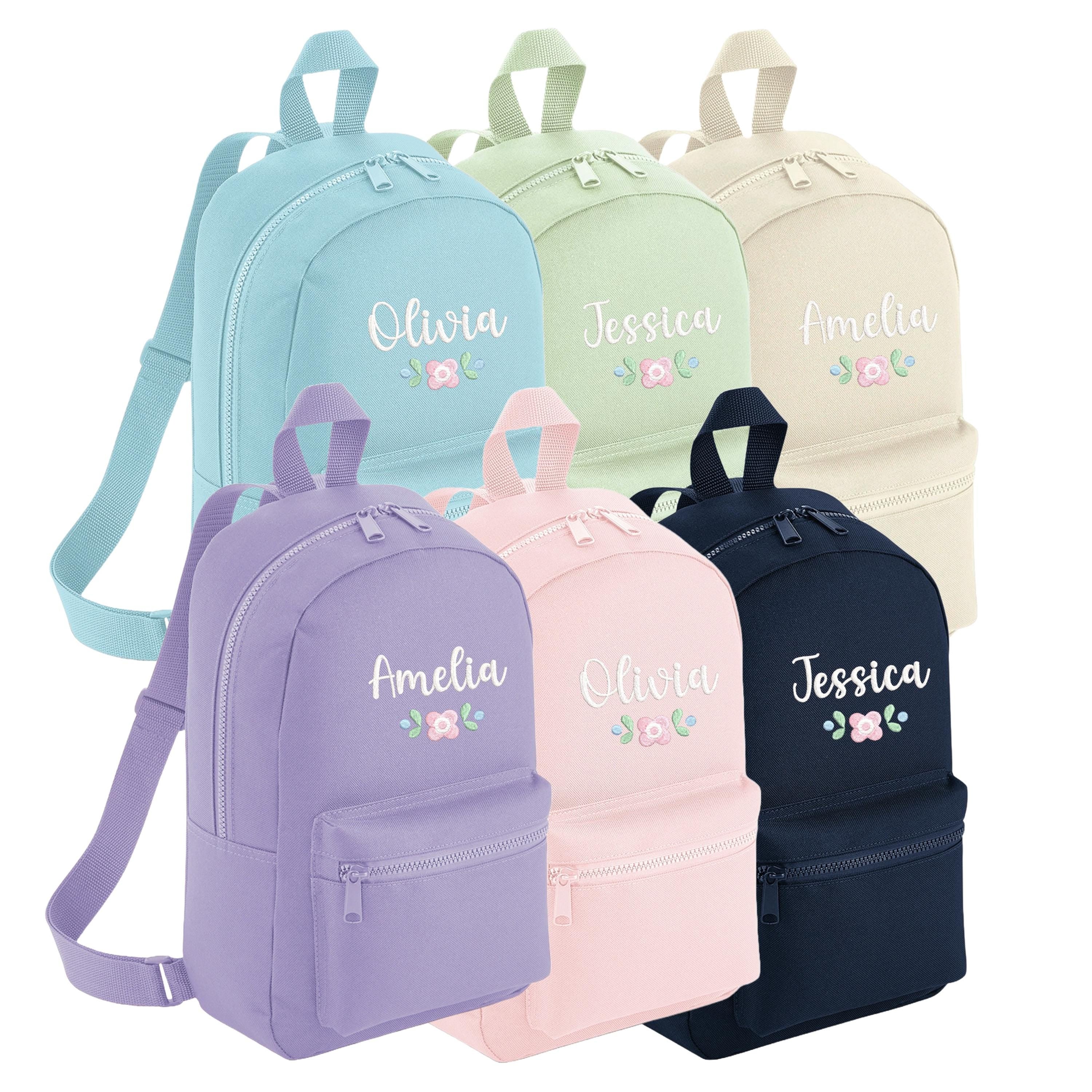Embroidered Girls Personalised Pink Floral Name Mini Backpack Custom Text School Rucksack Nursery Bag