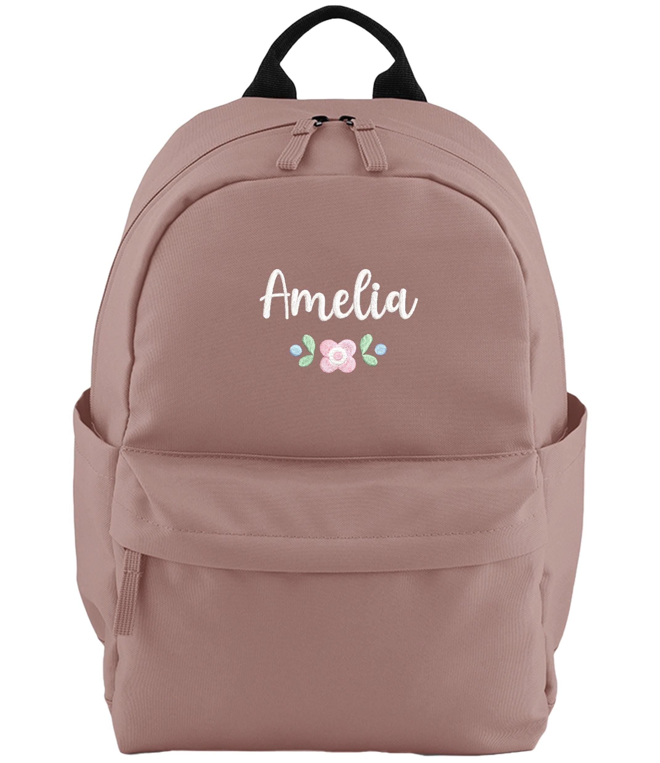Embroidered Girls Personalised Pink Floral Name Small Backpack Custom Text School Rucksack Nursery Bag