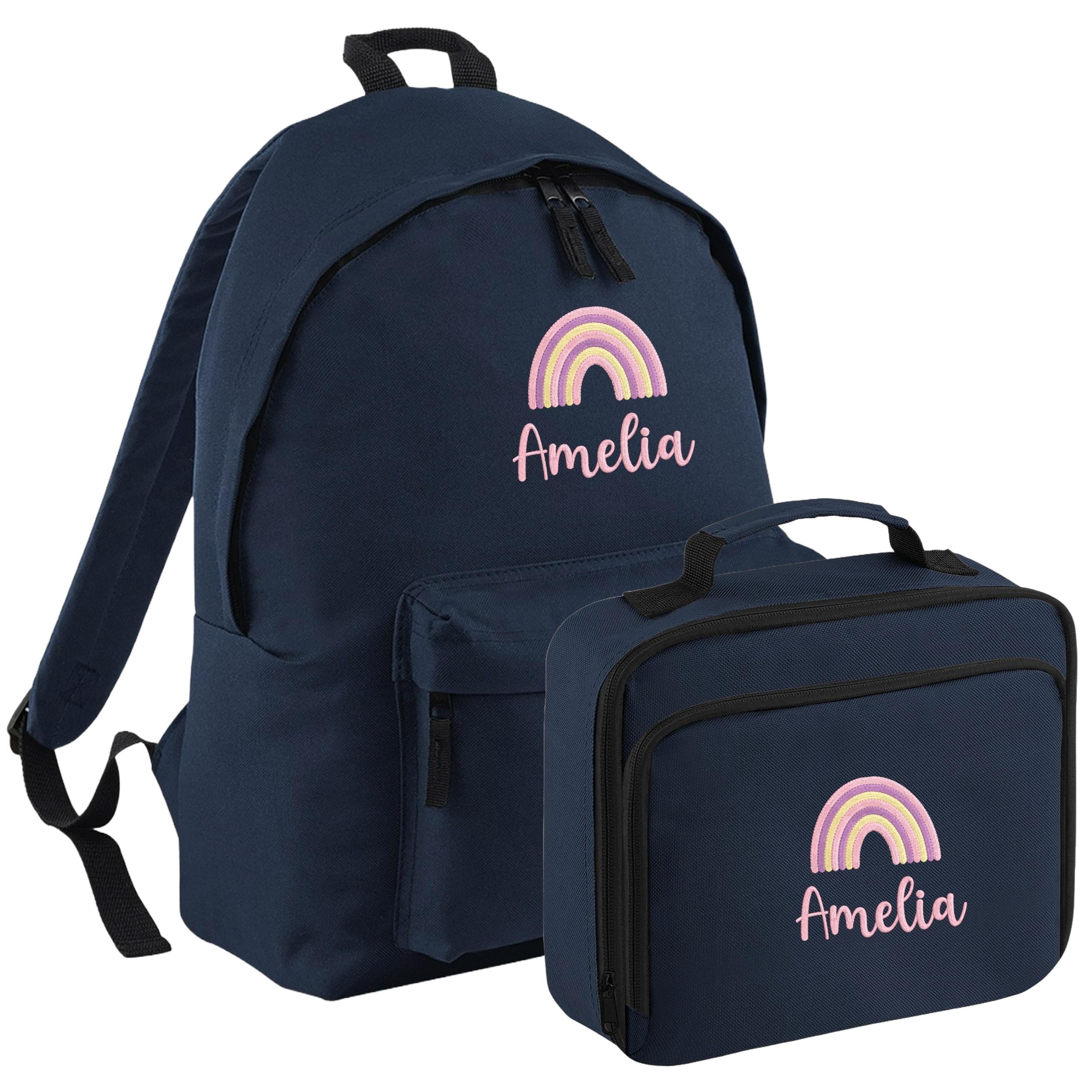 Embroidered Personalised Pink Rainbow Name Junior Backpack & Lunch Bag SetGirls Custom School Rucksack Nursery Bag
