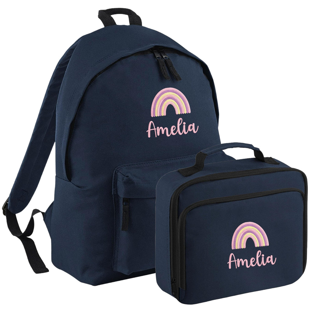 Embroidered Personalised Pink Rainbow Name Junior Backpack & Lunch Bag SetGirls Custom School Rucksack Nursery Bag