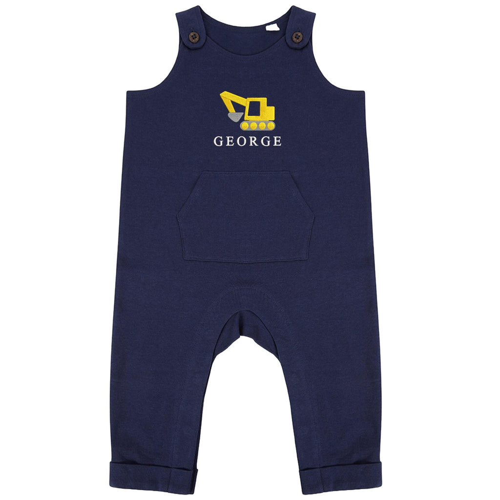 Embroidered Personalised Name Baby & Toddler Organic Cotton Dungarees Custom Text Digger Boys Gift