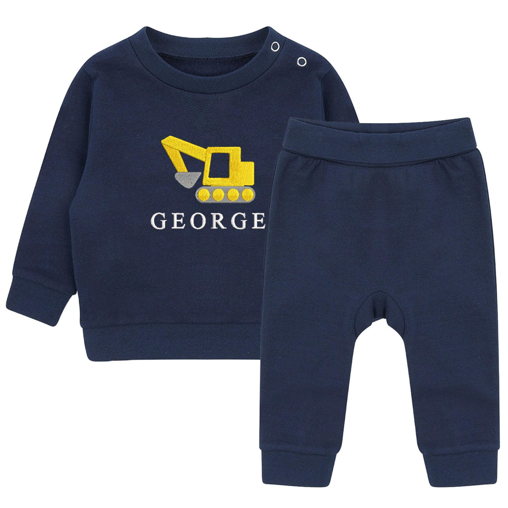 Embroidered Personalised Name Boys Sustainable Sweatshirt and Joggers Set Baby & Toddler Custom Text Digger Cute Outfit