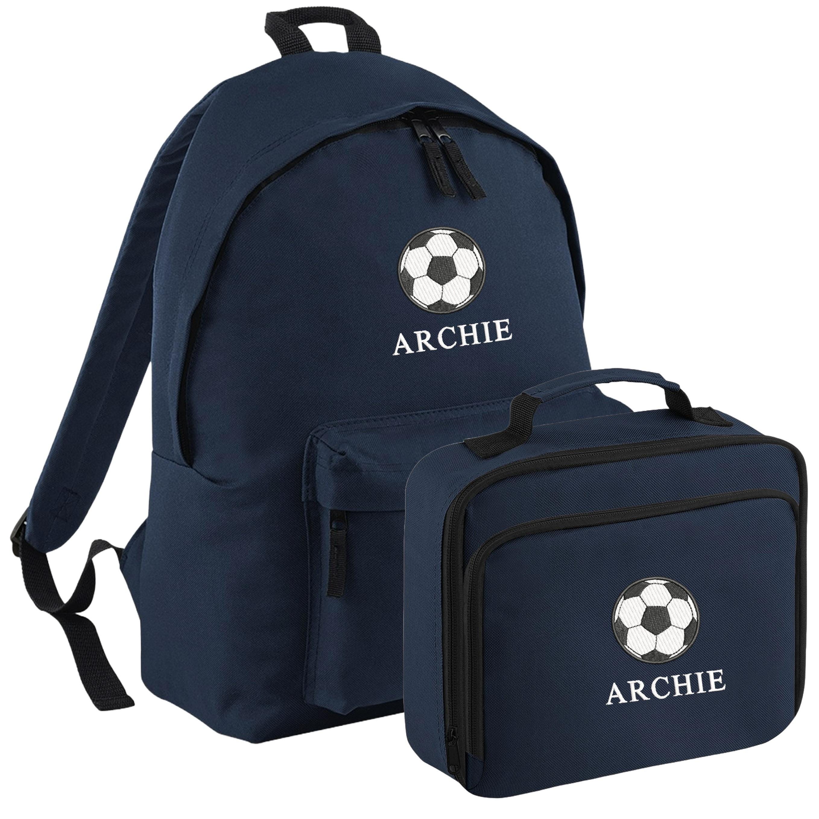 Embroidered Football Kids Personalised Name Backpack & Lunch Bag Set Boys Navy Custom School Rucksack Nursery Bag