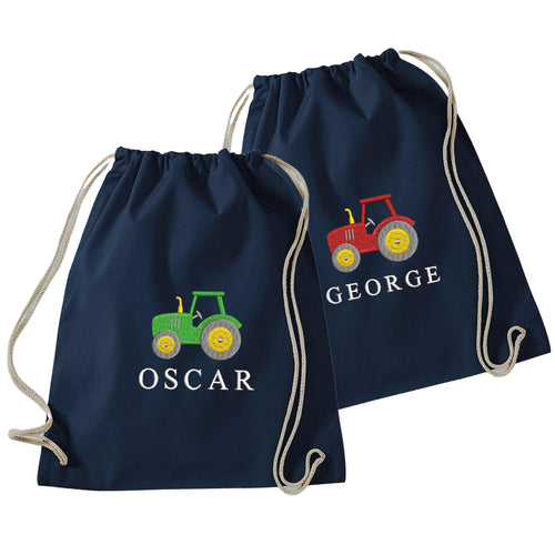 Embroidered Boys Personalised Tractor Name Cotton Gymsac Custom Text School PE Bag Nursery Bag
