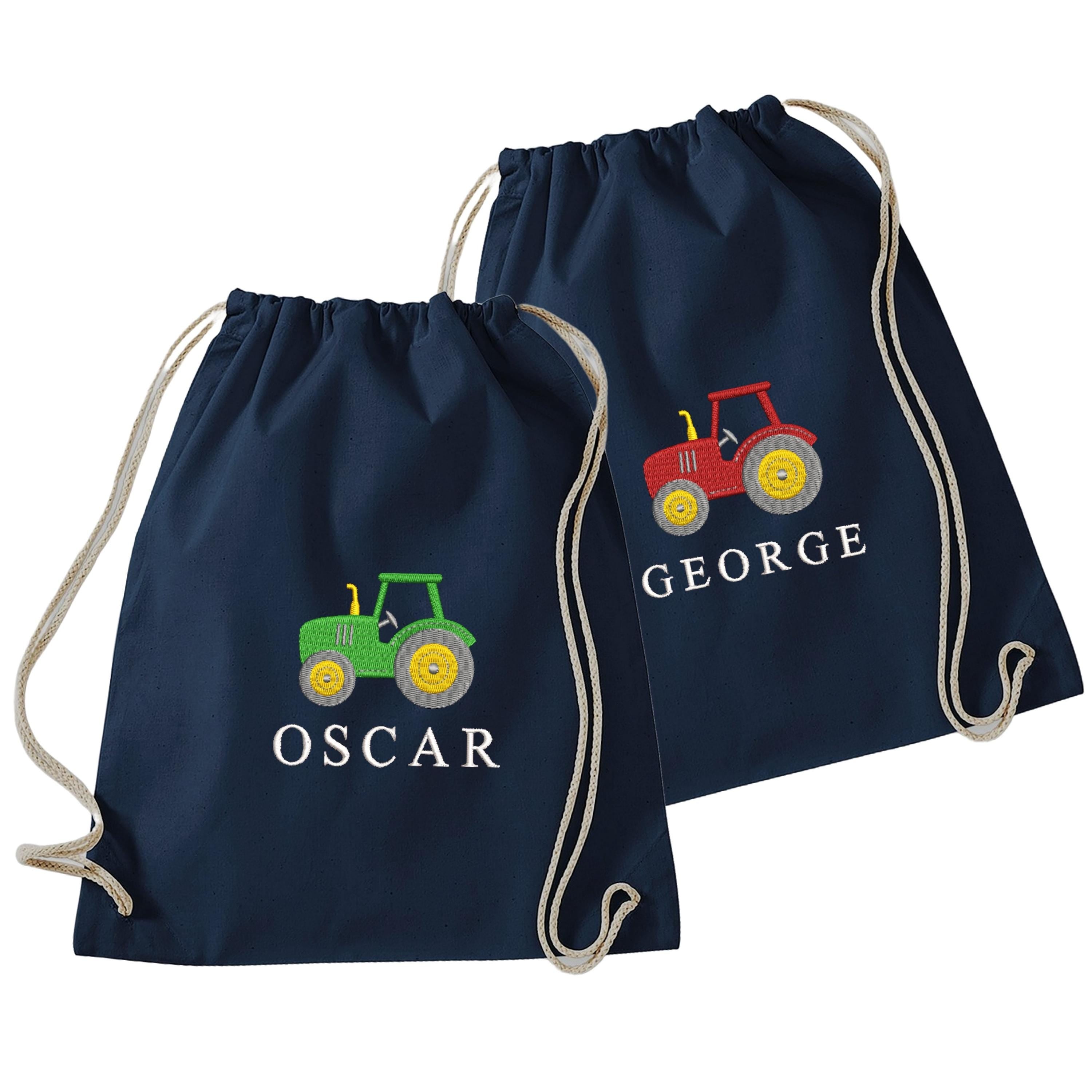 Embroidered Boys Personalised Tractor Name Cotton Gymsac Custom Text School PE Bag Nursery Bag
