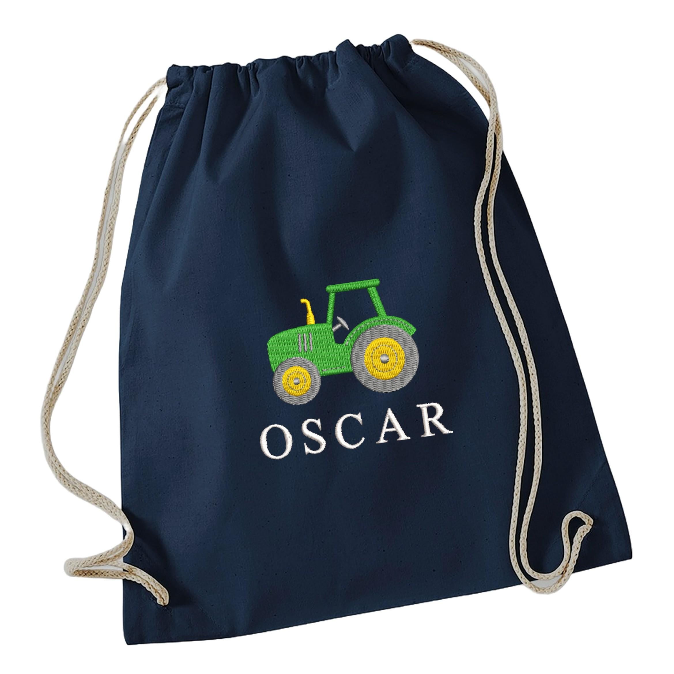 Embroidered Boys Personalised Tractor Name Cotton Gymsac Custom Text School PE Bag Nursery Bag