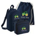 Embroidered Tractor Kids Personalised Name Backpack, Lunch Bag, PE Kit Gymsac Set Boys Navy Custom School Rucksack Nursery Bag