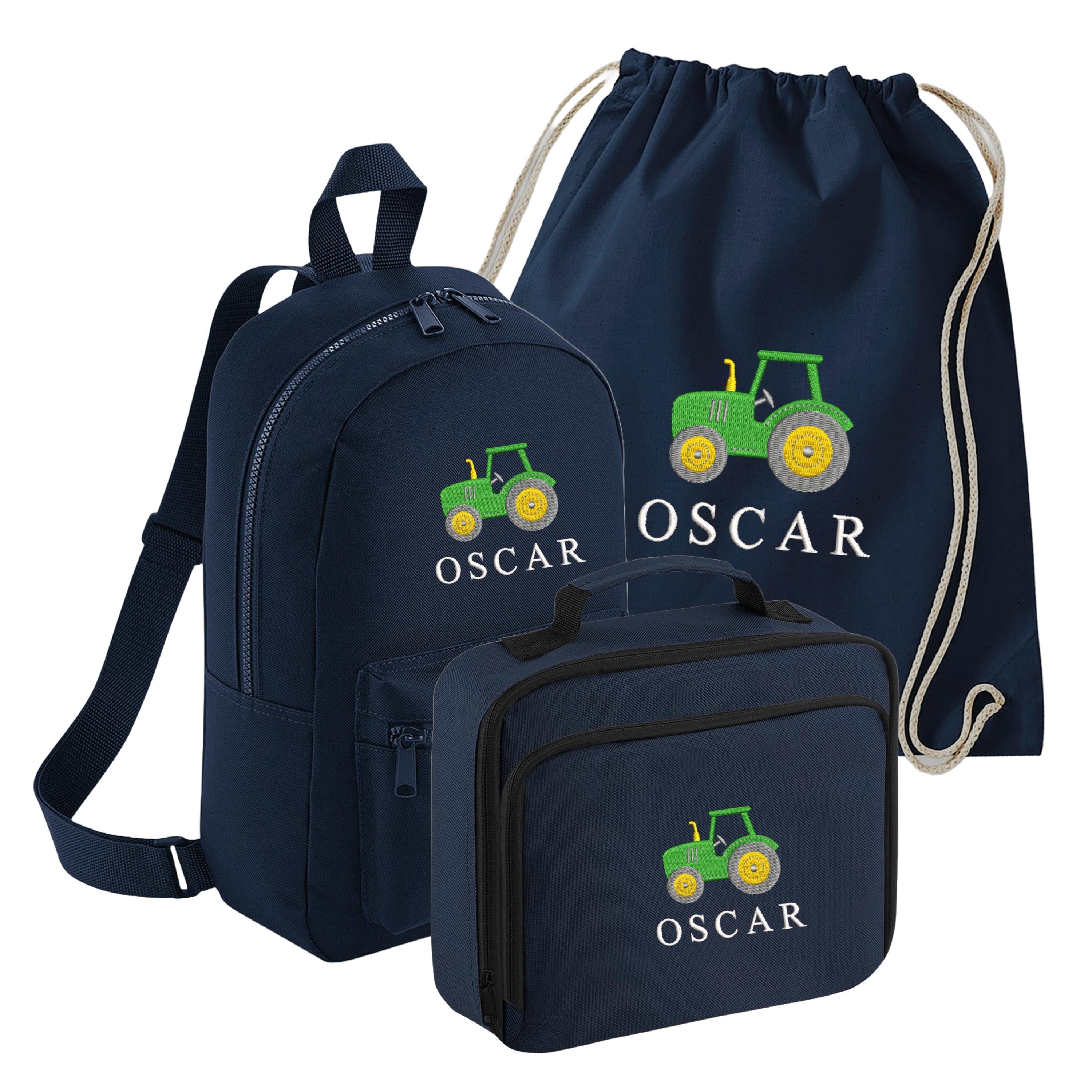 Embroidered Tractor Kids Personalised Name Backpack, Lunch Bag, PE Kit Gymsac Set Boys Navy Custom School Rucksack Nursery Bag