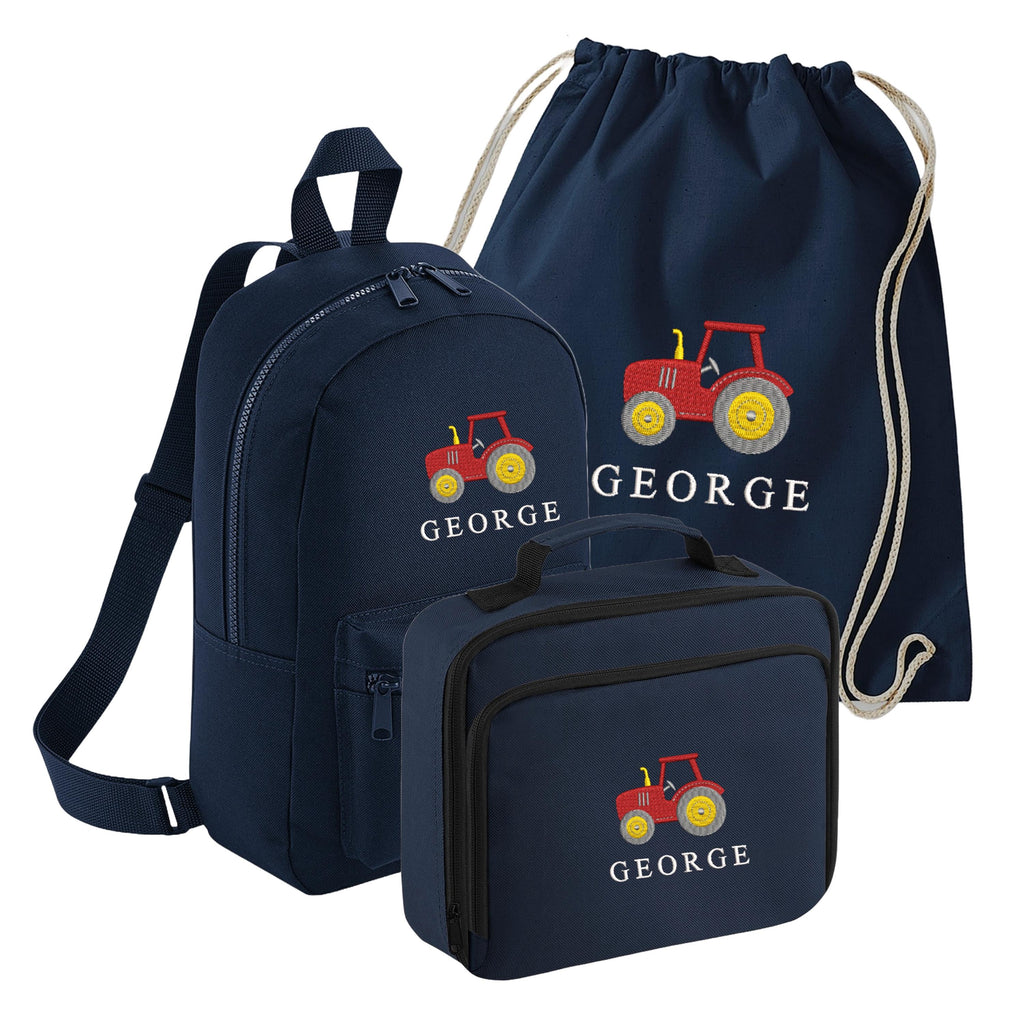 Embroidered Tractor Kids Personalised Name Backpack, Lunch Bag, PE Kit Gymsac Set Boys Navy Custom School Rucksack Nursery Bag